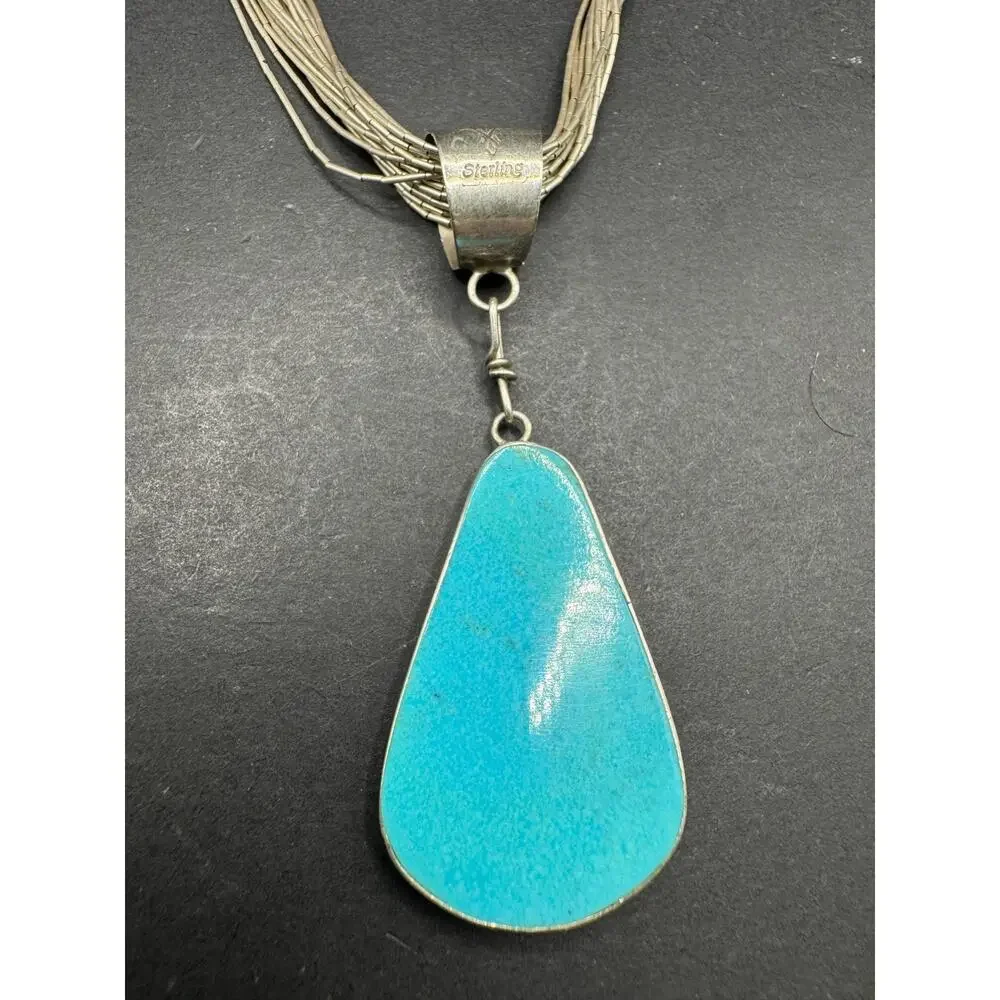Vtg Sterling Silver 925 Multi Strand Liquid Silver Necklace Reversible Turquoise